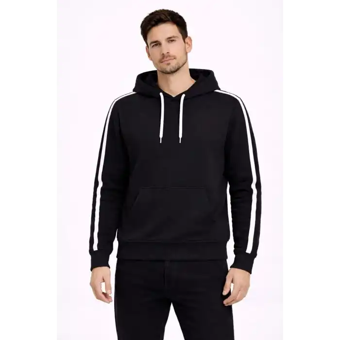 Erkek Şeritli Kapüşonlu Sweatshirt Oversize 3 iplik Pamuklu - Siyah