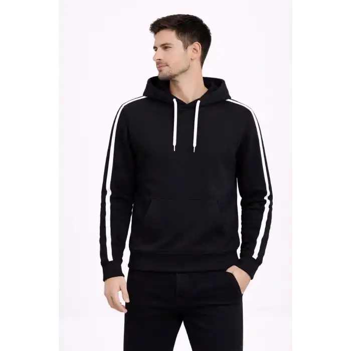 Erkek Şeritli Kapüşonlu Sweatshirt Oversize 3 iplik Pamuklu - Siyah