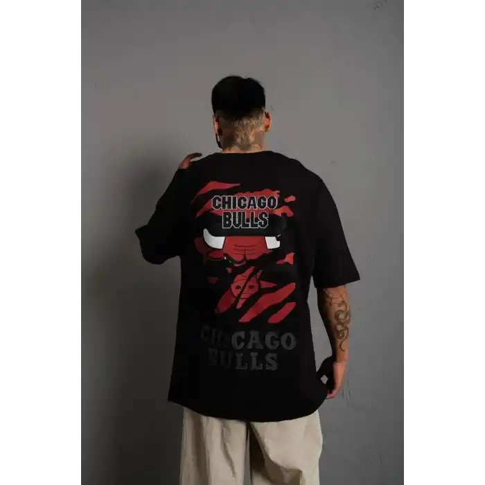 Erkek Sırt Baskılı A Kalite Oversize T-shirt - Siyah