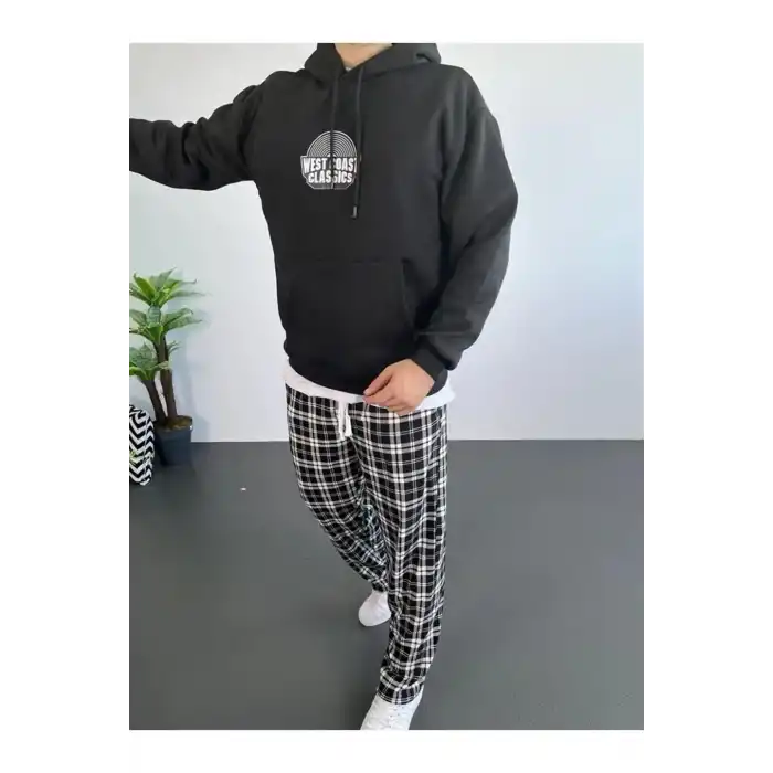 Erkek Sırt Baskılı Kapüşonlu Üç İplik Oversize Sweatshirt - Siyah