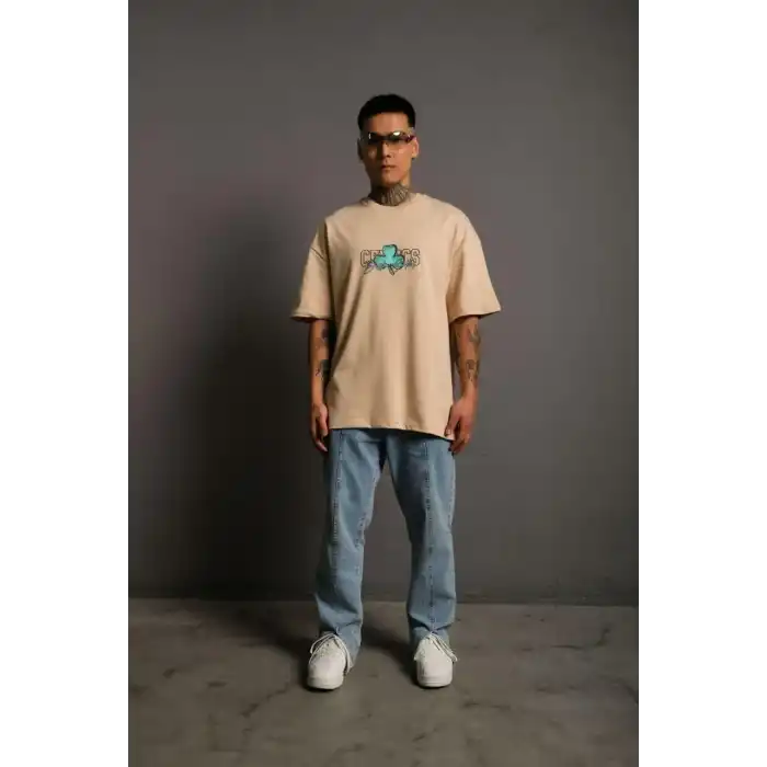 Erkek Sırt Baskılı T-shirt - Bej