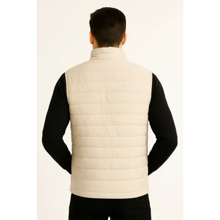 Erkek Şişme Fermuarlı Yelek Su itici Kapitone Astarlı Kumaş Cepli Hafif Kışlık Spor Rahat Kalıp -Bej