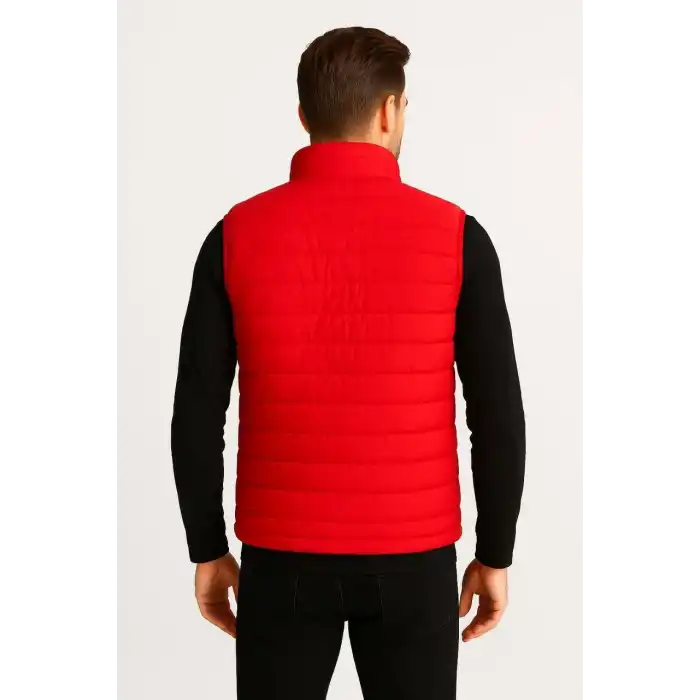 Erkek Şişme Fermuarlı Yelek Su itici Kapitone Astarlı Kumaş Cepli Hafif Kışlık Spor Rahat Kalıp - Kırmızı