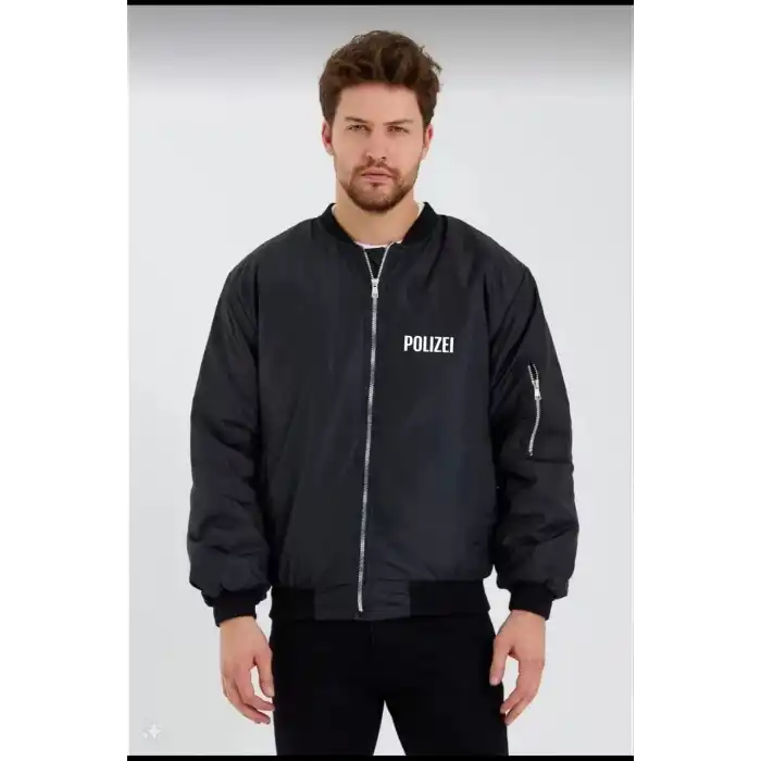 Erkek Siyah Bomber Mont – POLIZEI Yazılı, Fermuarlı Cepli, Kapitone Astarlı, Su İtici Kumaş Şık Günlük Ceket- Siyah