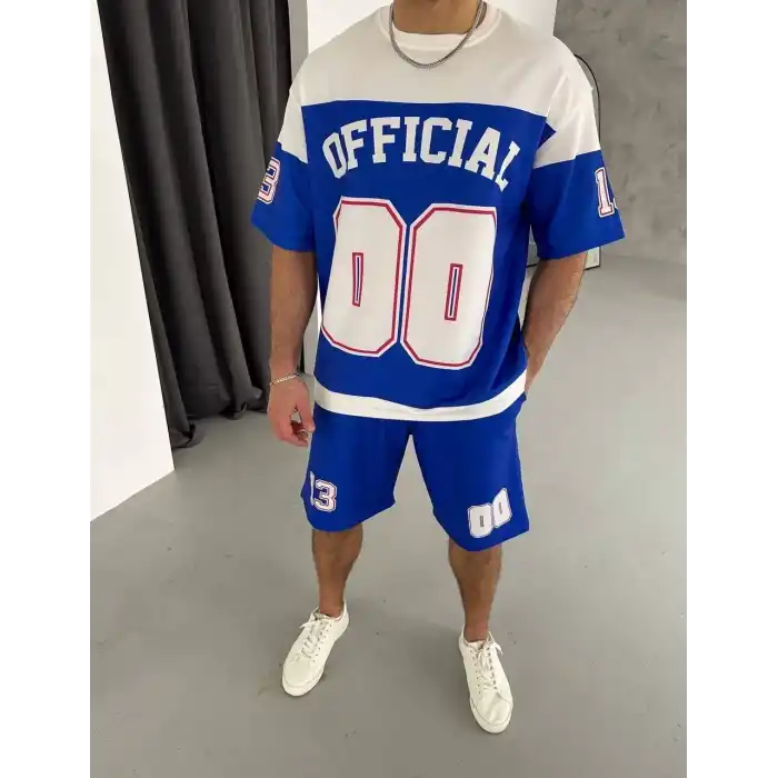 Erkek Şortlu Takım – Oversize İki İplik Kumaş, Ön & Arka Dijital Baskılı Tişört ve Lastikli Cepli Şort, Yazlık Günlük Spor Set - Mavi