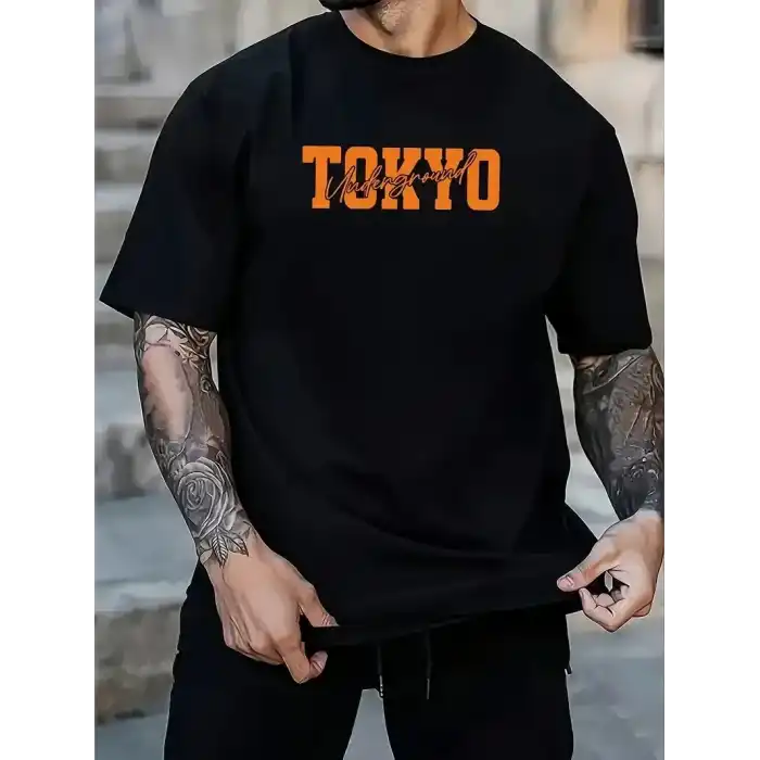 Erkek Turuncu Spor Araba Grafik Tişört - TOKYO Baskılı Günlük Oversize Kısa Kollu Tişört, Yetişkinler için Yazlık Giyim, Turuncu Araba Tasarımı- Siyah