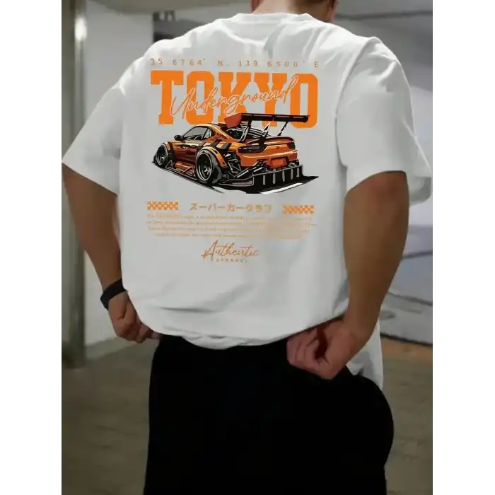 Erkek Turuncu Spor Araba Grafik Tişört - TOKYO Baskılı Günlük Oversize Kısa Kollu Tişört, Yetişkinler için Yazlık Giyim, Turuncu Araba Tasarımı - Beyaz