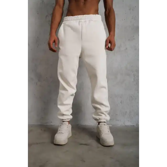 Erkek Üç İplik Alt Eşofman Lastikli - Beyaz