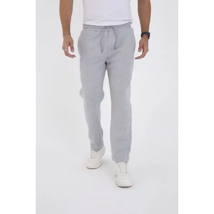 Erkek Üç İplik Basic Eşofman Boru Paça İpli Pantolon - Gri
