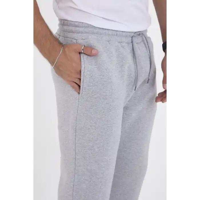 Erkek Üç İplik Basic Eşofman Boru Paça İpli Pantolon - Gri