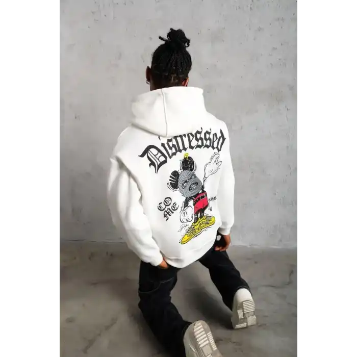 Erkek Üç İplik Baskılı Kapüşonlu Sweat - Beyaz