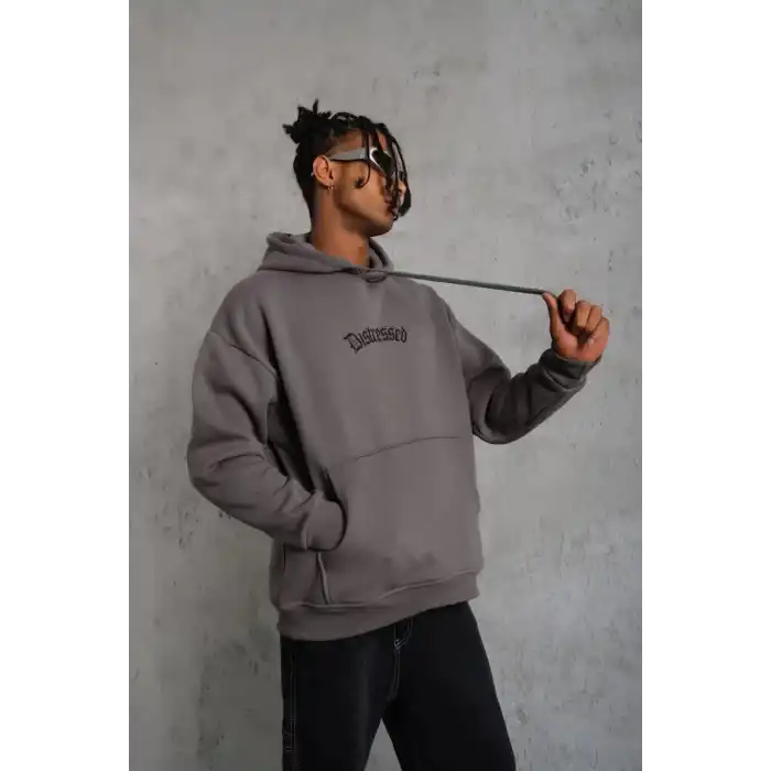 Erkek Üç İplik Baskılı Kapüşonlu Sweat - Gri