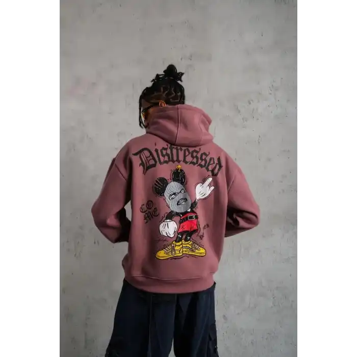 Erkek Üç İplik Baskılı Kapüşonlu Sweat - Gül Kurusu