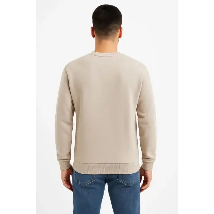 Erkek Üç İplik Düz Bisiklet Yaka SweatShirt - Bej