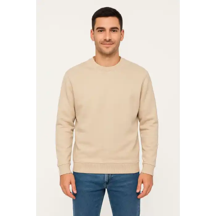 Erkek Üç İplik Düz Bisiklet Yaka SweatShirt - Bej