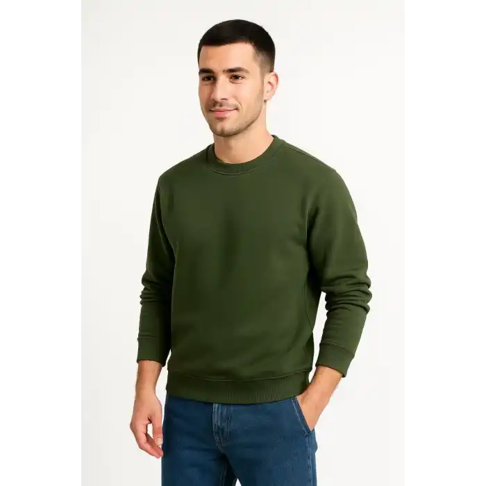 Erkek Üç İplik Düz Bisiklet Yaka SweatShirt - Haki