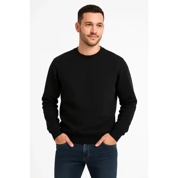 Erkek Üç İplik Düz Bisiklet Yaka SweatShirt - Siyah