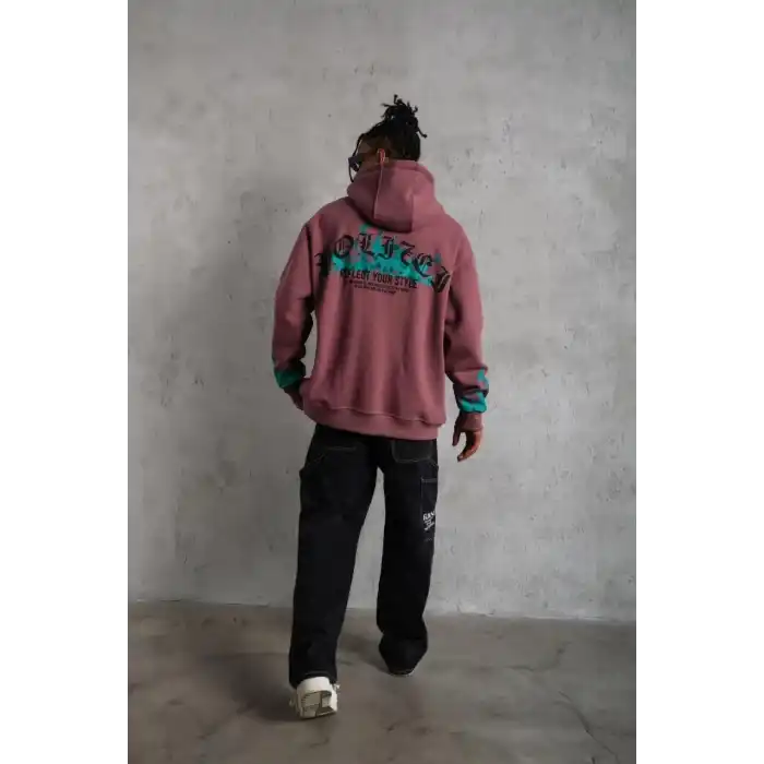 Erkek Üç İplik içi Pamuklu Alev Baskılı Kapüşonlu Sweatshirt - Gül Kurusu