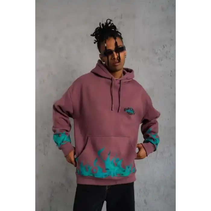 Erkek Üç İplik içi Pamuklu Alev Baskılı Kapüşonlu Sweatshirt - Gül Kurusu