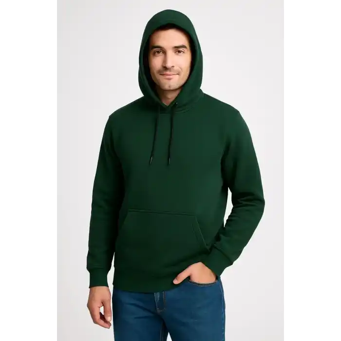 Erkek Üç İplik Kapüşonlu Kanguru Cepli SweatShirt hoodie - Haki