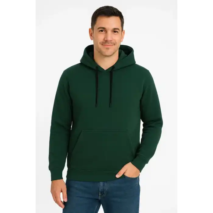 Erkek Üç İplik Kapüşonlu Kanguru Cepli SweatShirt hoodie - Haki