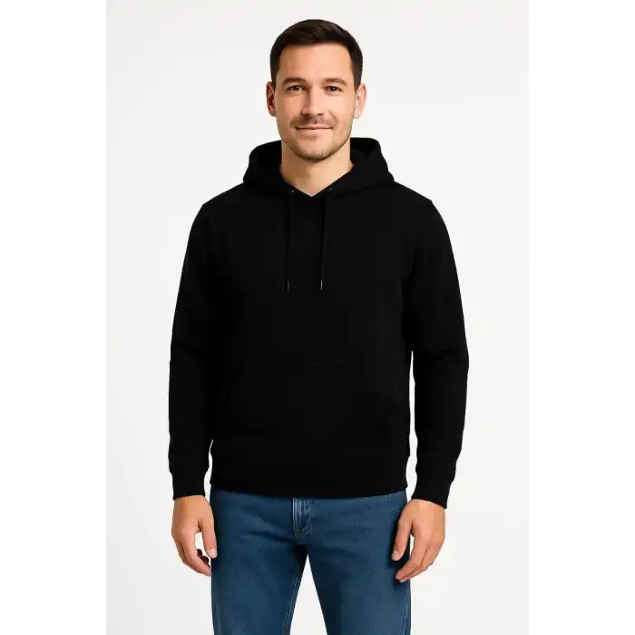 Erkek Üç İplik Kapüşonlu Kanguru Cepli SweatShirt hoodie - Siyah