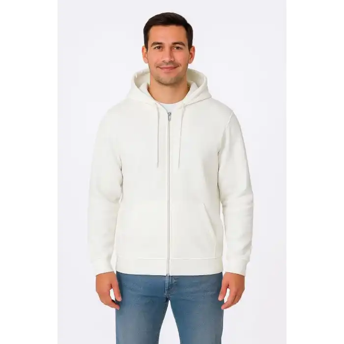 Erkek Üç İplik Kapüşonlu Tam Fermuarlı Kanguru Cepli SweatShirt Hoodie - Beyaz