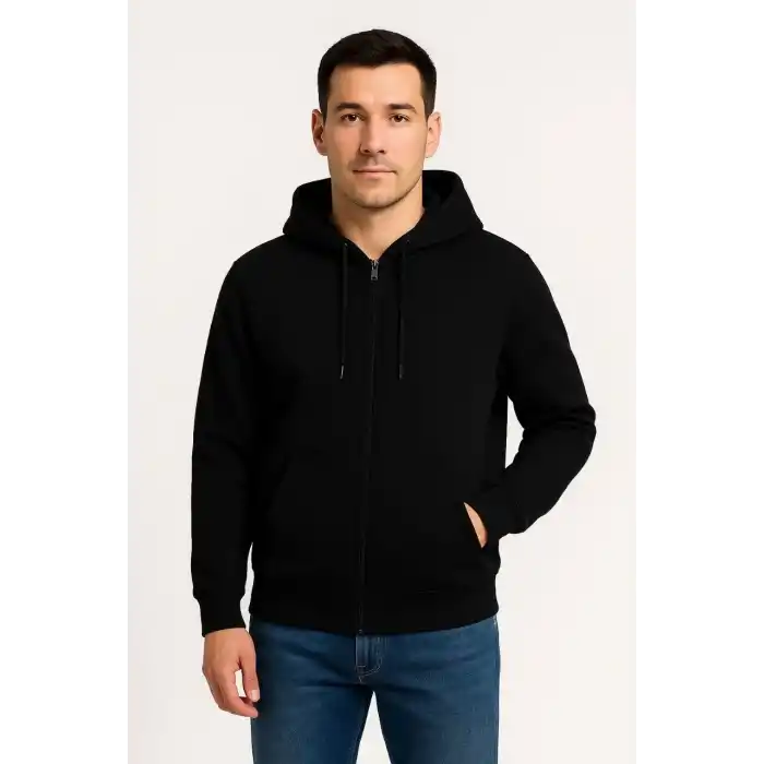 Erkek Üç İplik Kapüşonlu Tam Fermuarlı Kanguru Çepli SweatShirt Hoodie - Siyah