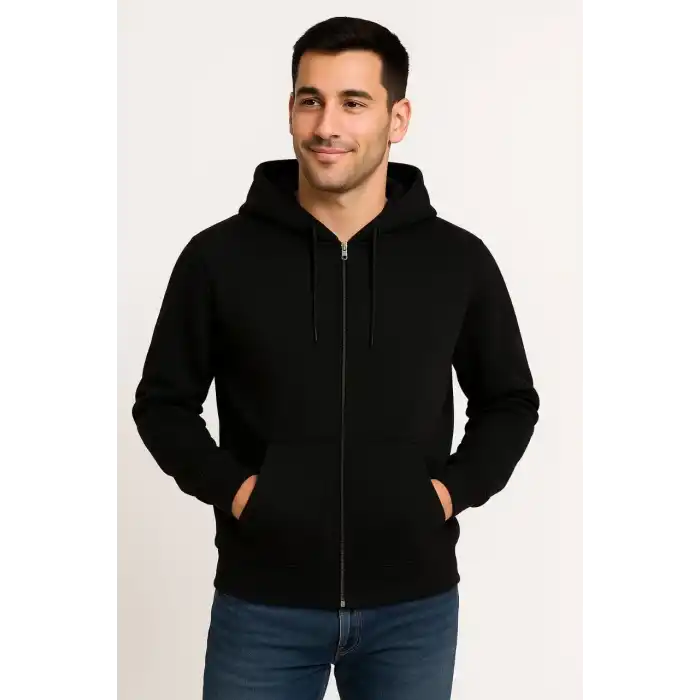 Erkek Üç İplik Kapüşonlu Tam Fermuarlı Kanguru Çepli SweatShirt Hoodie - Siyah