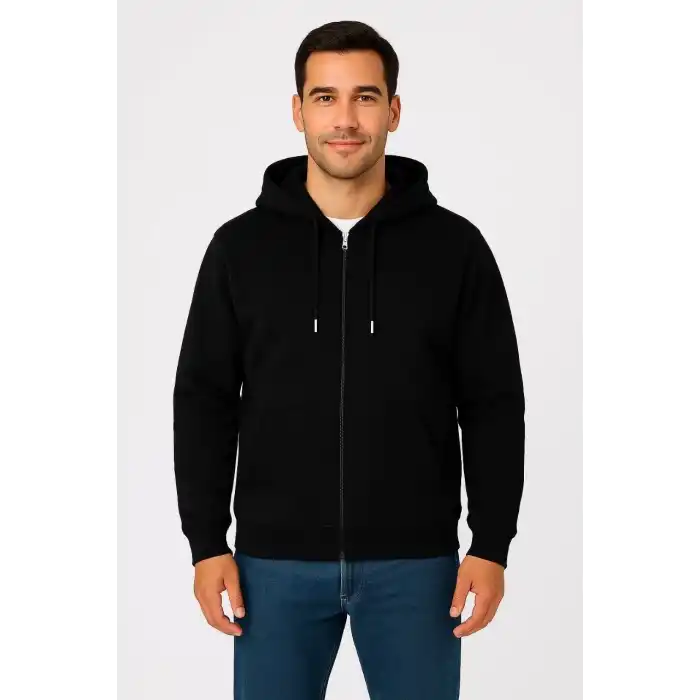 Erkek Üç İplik Kapüşonlu Tam Fermuarlı Kanguru Çepli SweatShirt Hoodie - Siyah