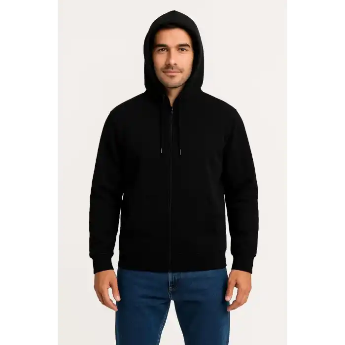 Erkek Üç İplik Kapüşonlu Tam Fermuarlı Kanguru Çepli SweatShirt Hoodie - Siyah