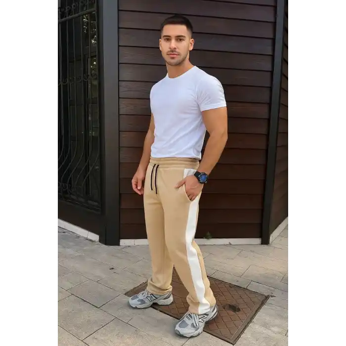 Erkek Üç İplik Kışlık Pamuklu Yandan Garneli Kalın Şeritli Cepli Eşofman Altı - Bej