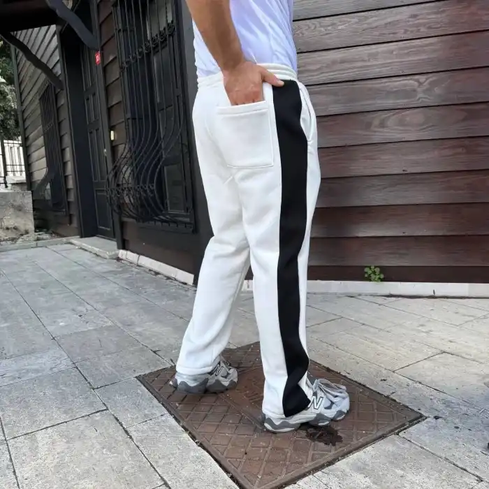 Erkek Üç İplik Kışlık Pamuklu Yandan Garneli Kalın Şeritli Cepli Eşofman Altı - Beyaz