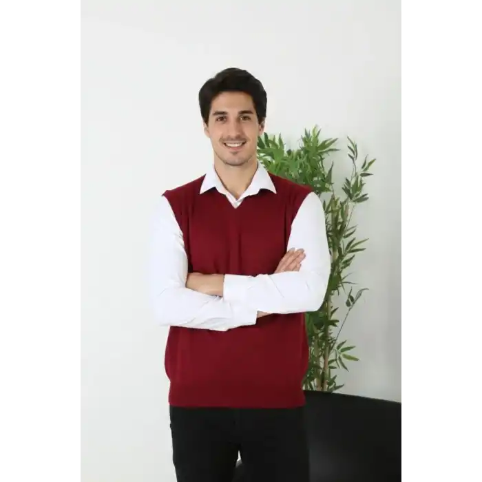 Erkek V Yaka Kolsuz Süveter Triko Kazak yumuşak dokulu Pamuklu ince Dokuma Rahat Regular kalıp - Bordo