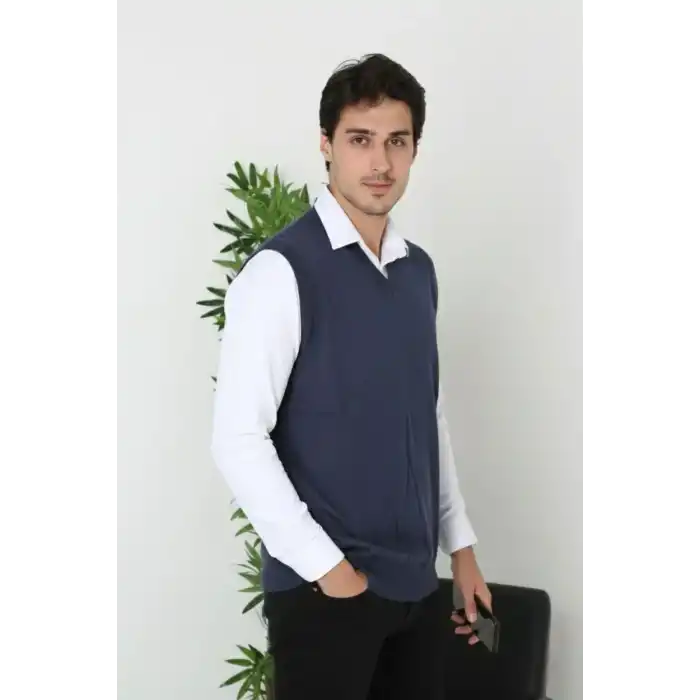 Erkek V Yaka Kolsuz Süveter Triko Kazak yumuşak dokulu Pamuklu ince Dokuma Rahat Regular kalıp - Lacivert