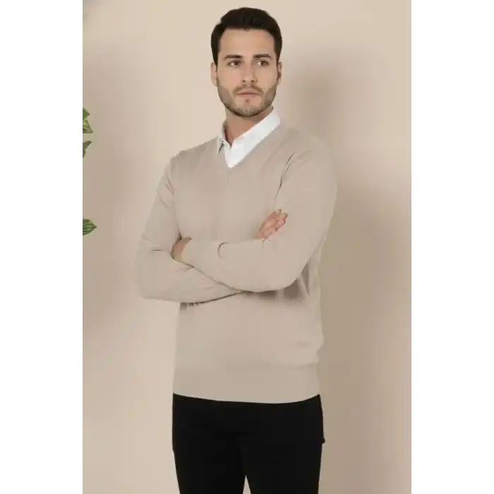 Erkek V Yaka Triko Kazak yumuşak dokulu Pamuklu ince Dokuma, uzun kollu Rahat Regular kalıp - Bej