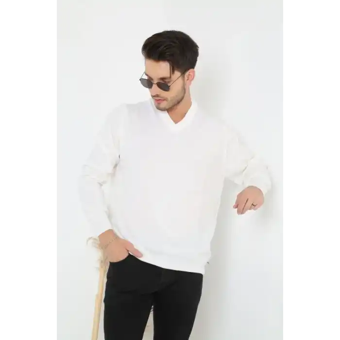Erkek V Yaka Triko Kazak yumuşak dokulu Pamuklu ince Dokuma, uzun kollu Rahat Regular kalıp - Beyaz