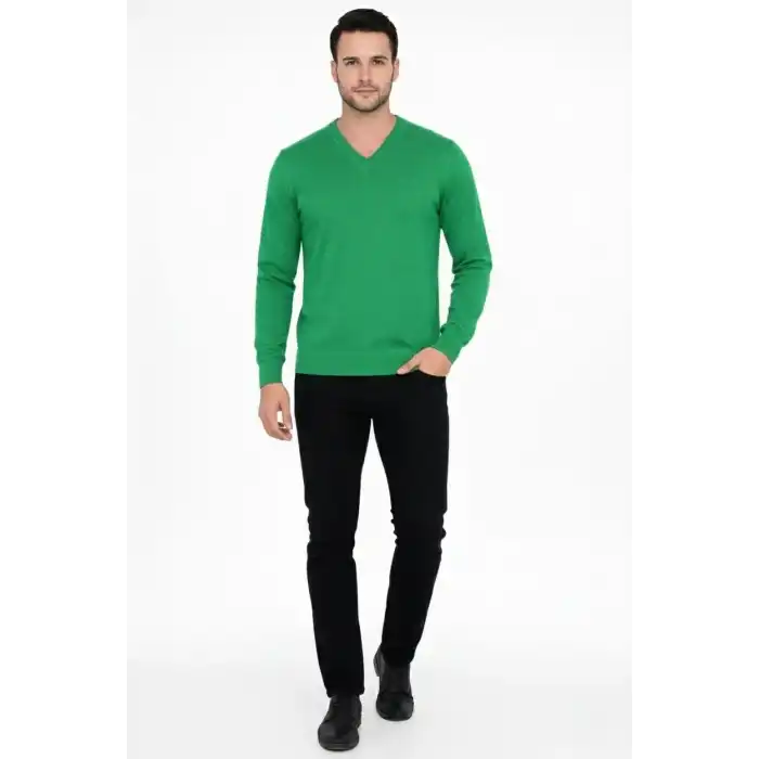 Erkek V Yaka Triko Kazak yumuşak dokulu Pamuklu ince Dokuma, uzun kollu Rahat Regular kalıp - Çimen Yeşili