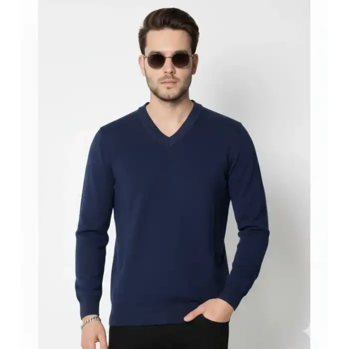 Erkek V Yaka Triko Kazak yumuşak dokulu Pamuklu ince Dokuma, uzun kollu Rahat Regular kalıp - Lacivert