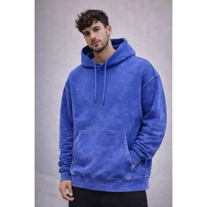 Erkek Yağ Yıkamalı Kapşonlu Double Oversize Üç İplik Pamuklu Sweatshirt - Mavi