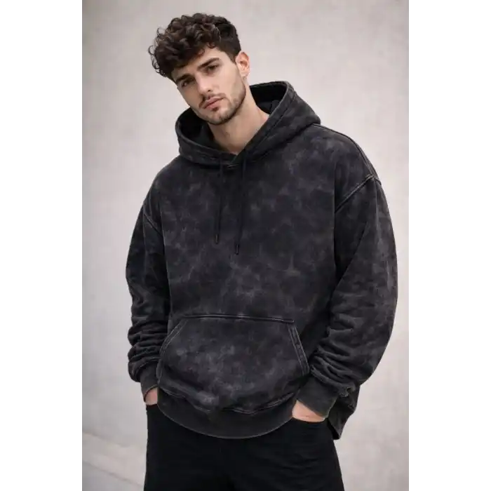 Erkek Yağ Yıkamalı Kapşonlu Double Oversize Üç İplik Pamuklu Sweatshirt - Siyah