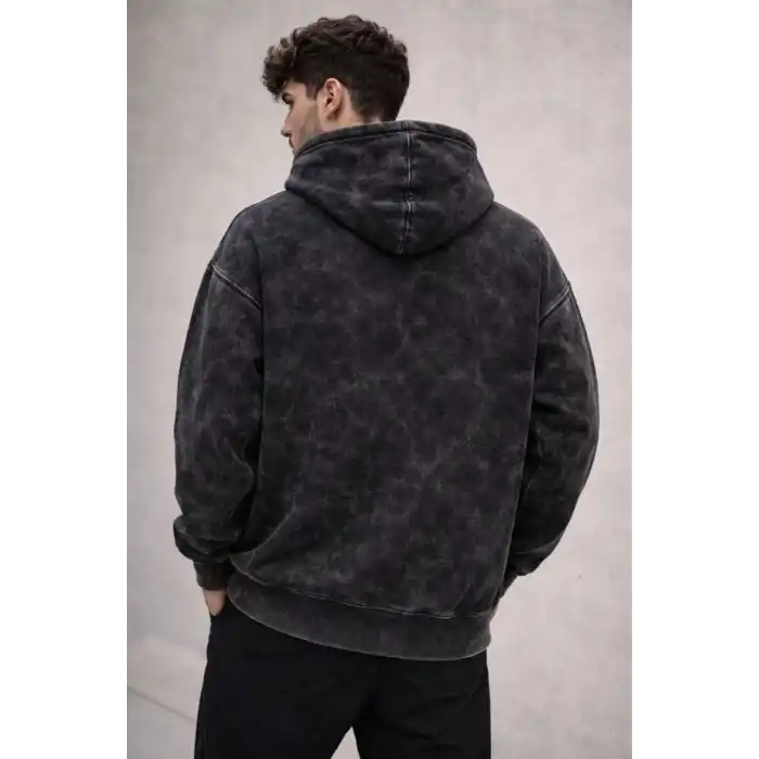 Erkek Yağ Yıkamalı Kapşonlu Double Oversize Üç İplik Pamuklu Sweatshirt - Siyah