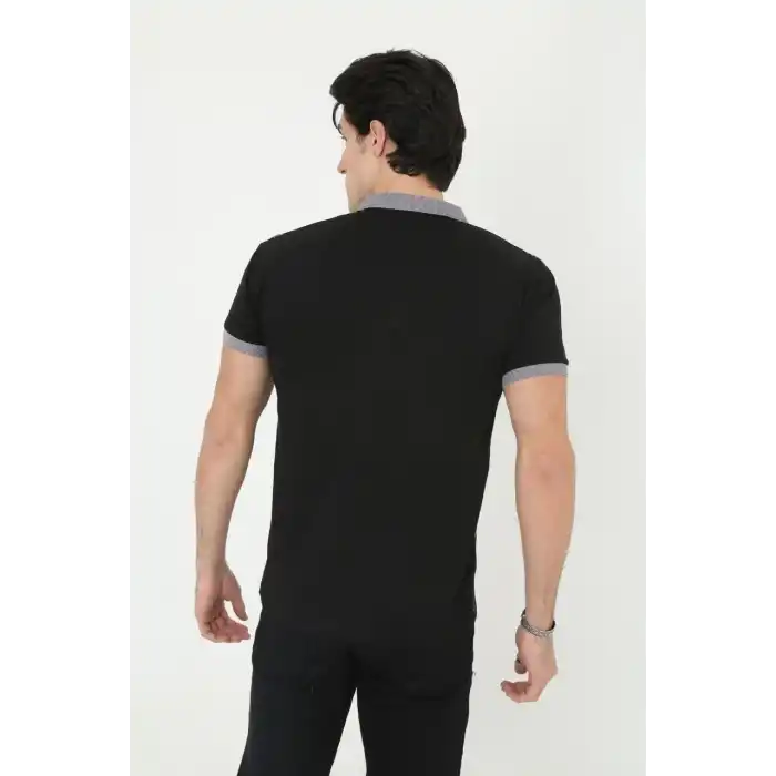 Erkek Yakalı Slim Fit Baskılı T-Shirt - Siyah