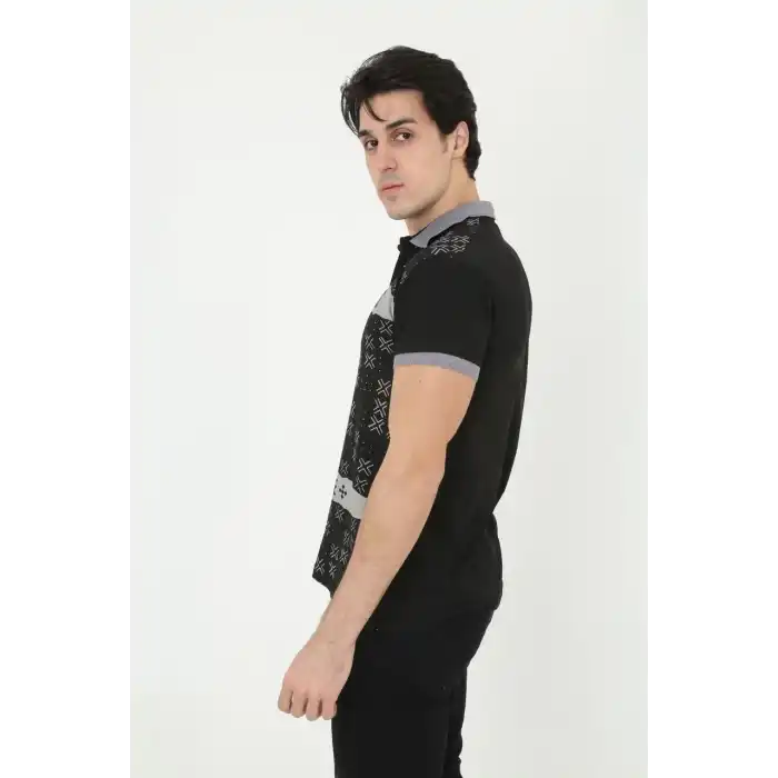 Erkek Yakalı Slim Fit Baskılı T-Shirt - Siyah