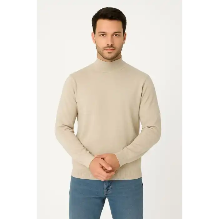 Erkek Yarım Boğaz Triko Kazak yumuşak dokulu Pamuklu ince Dokuma, uzun kollu Rahat Regular kalıp - Bej