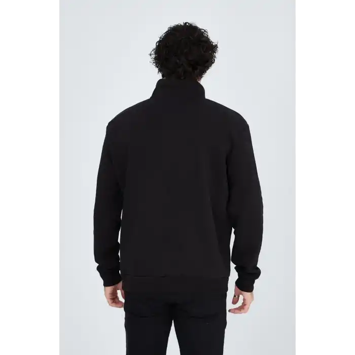 Erkek Yarım Fermuarlı Baskılı Sweat - Siyah