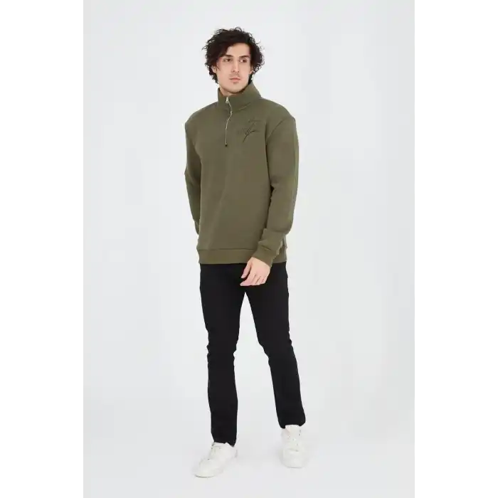 Erkek Yarım Fermuarlı Baskılı Sweat - Yeşil