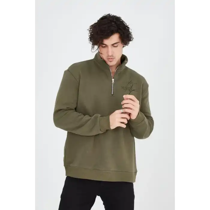 Erkek Yarım Fermuarlı Baskılı Sweat - Yeşil