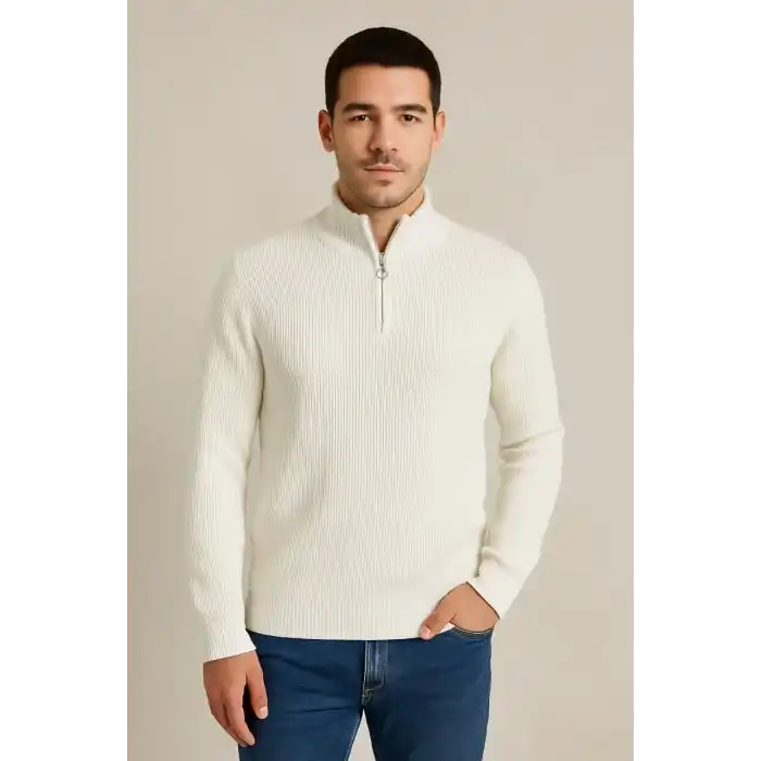 Erkek Yarım Fermuarlı Triko Kazak – Selanik Örgü, Dik Yaka, Pamuklu Dokuma, Regular Fit Uzun Kollu Kışlık Model - Beyaz