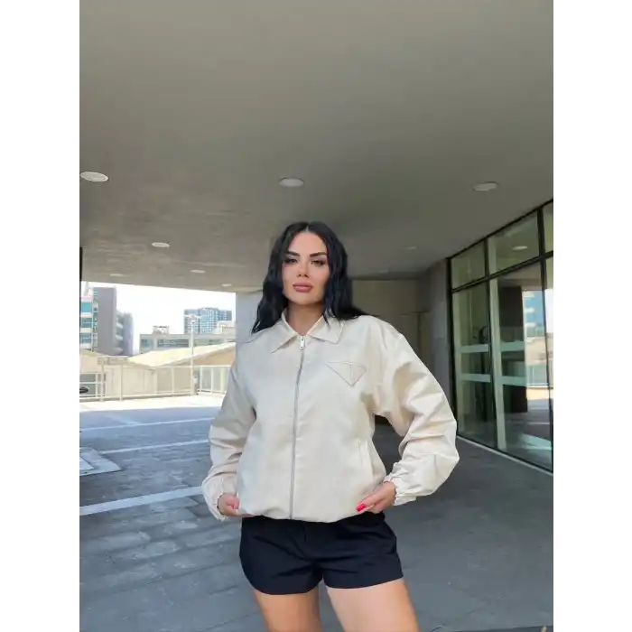 Fermuarlı Gömlek Yaka Bomber Ceket - Beyaz